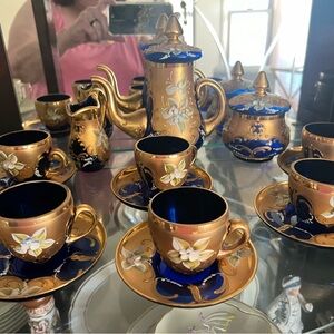 Vintage Venetian Blue Glass & Gold Leaf Demitasse Set of 6